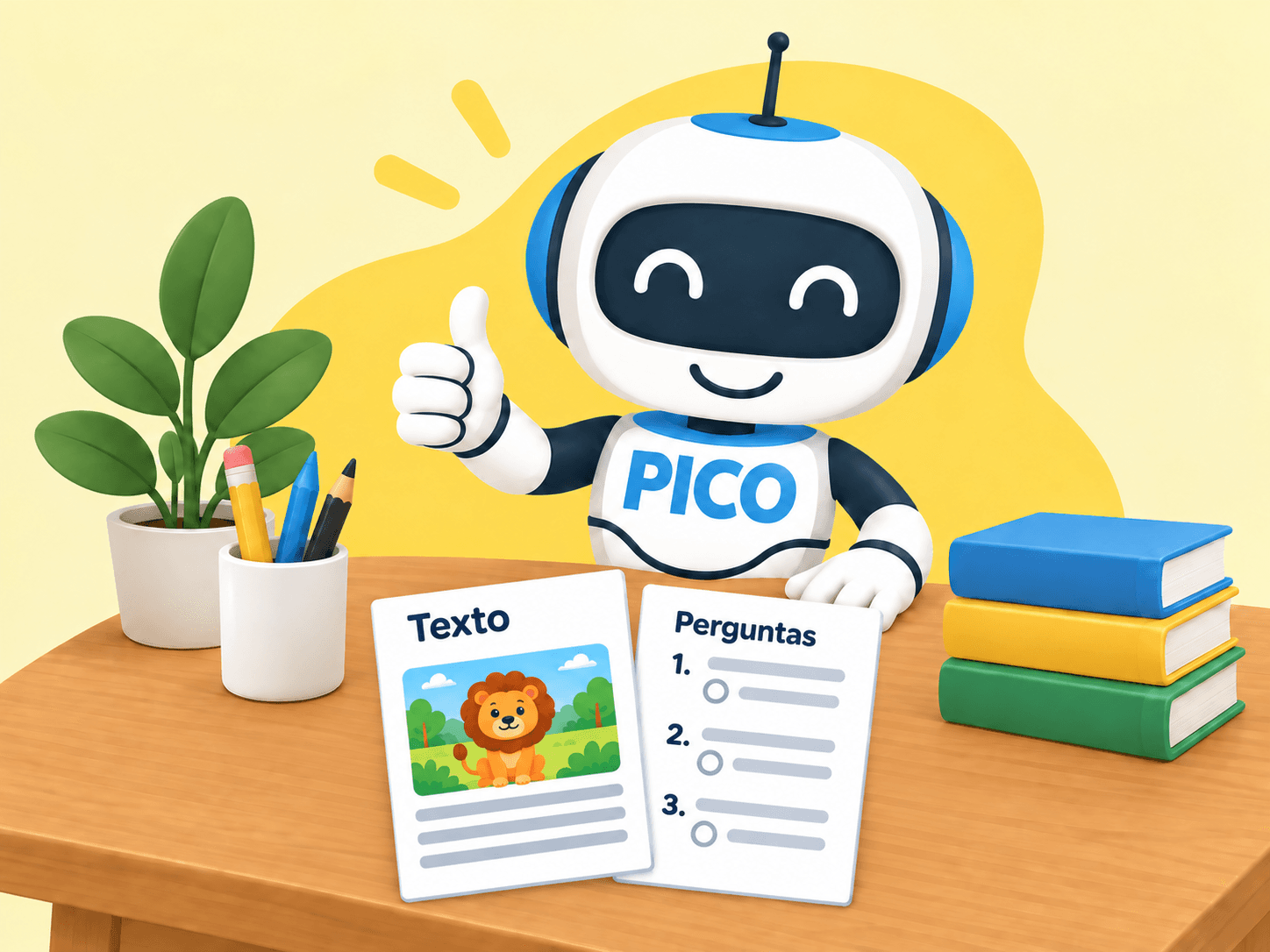 Pico em uma mesa de professor com atividades para imprimir de texto e perguntas
