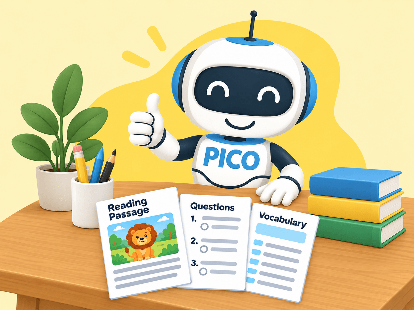 Pico at a teacher desk with printable reading, question and vocabulary worksheets