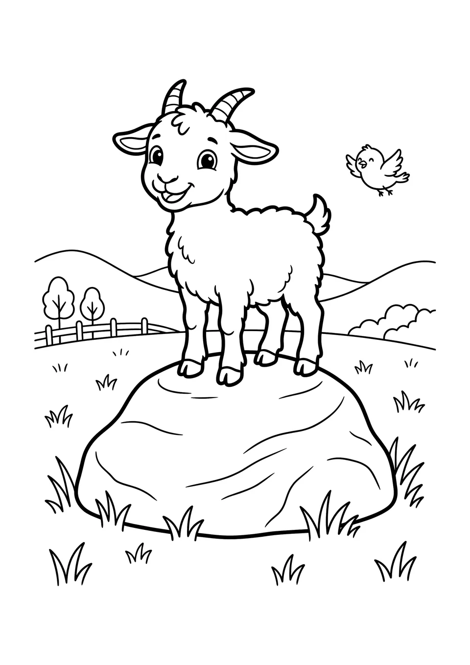 A simple black and white line art coloring page of a small baby goat standing on top of a large rock on a farm.