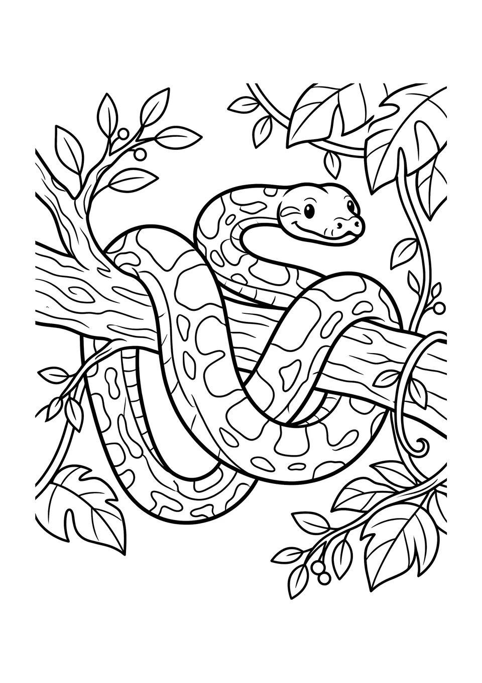 A black and white line art coloring page of a boa constrictor coiled on a branch, featuring clear outlines and patterns for kids to color.