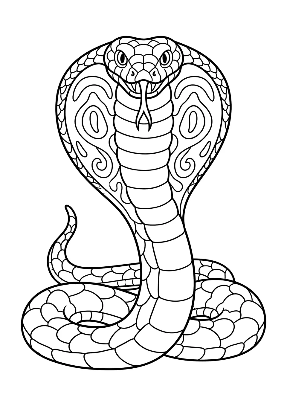 A detailed black and white line art illustration of a cobra with its hood flared, designed as a printable coloring page for kids.