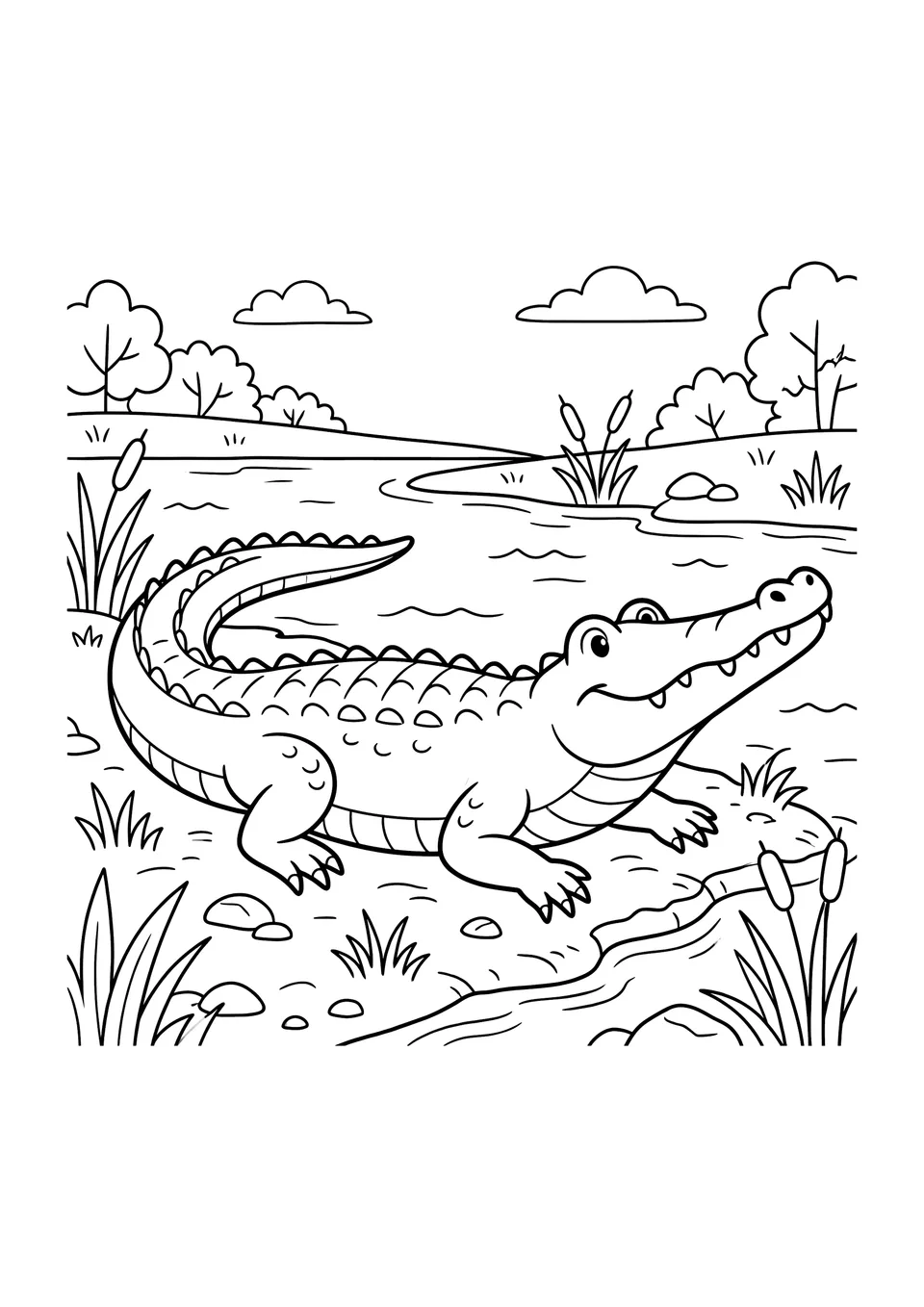 A black and white line art illustration of a crocodile resting on a muddy bank with its mouth open, designed as a printable coloring page for kids.