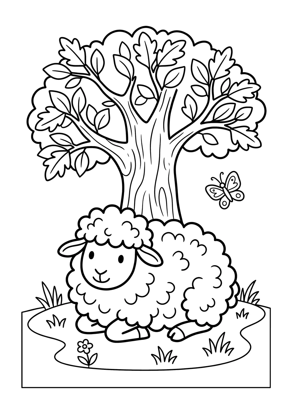 A simple black and white line art drawing of a cute, fluffy sheep named Barnaby resting under a tree on a farm.