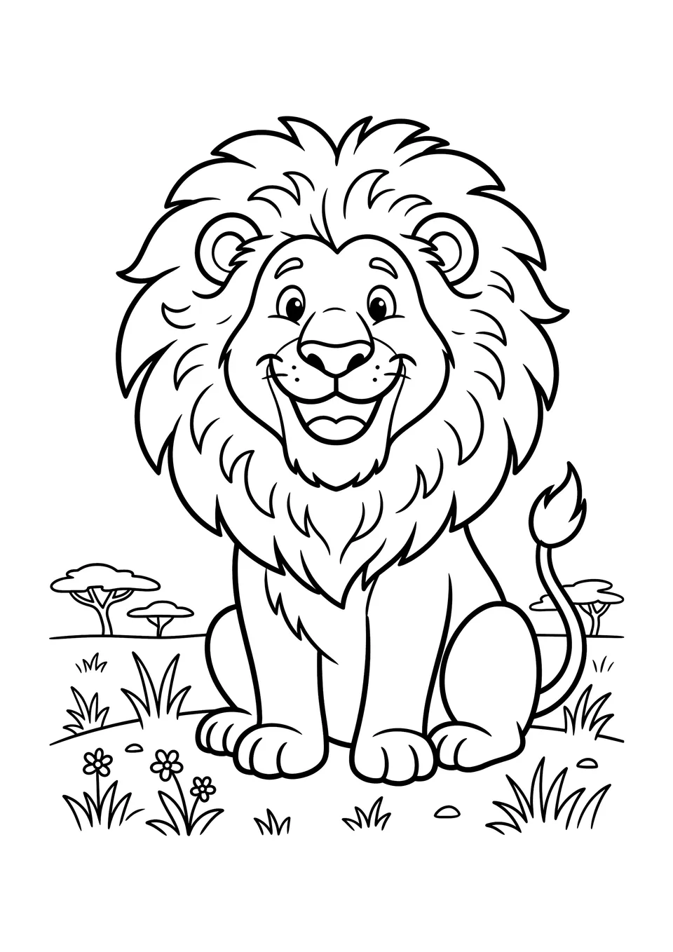 Desenho em preto e branco para colorir com traços simples para crianças, mostrando um leão engraçado com um grande sorriso e uma vasta juba.