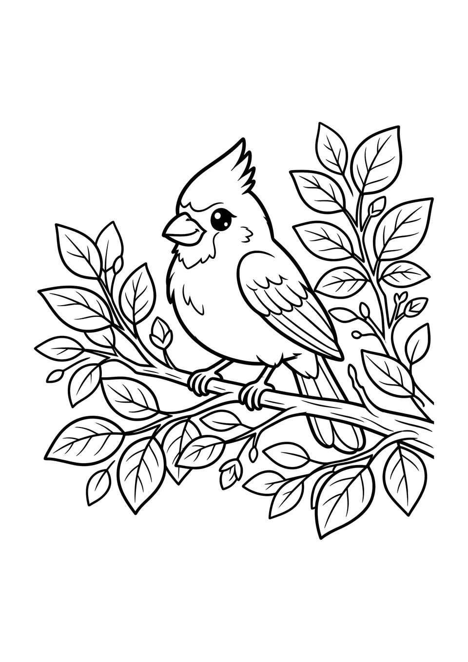 Desenho para colorir em preto e branco para imprimir de um lindo cardeal-do-norte em estilo anime pousado em um galho com folhas.