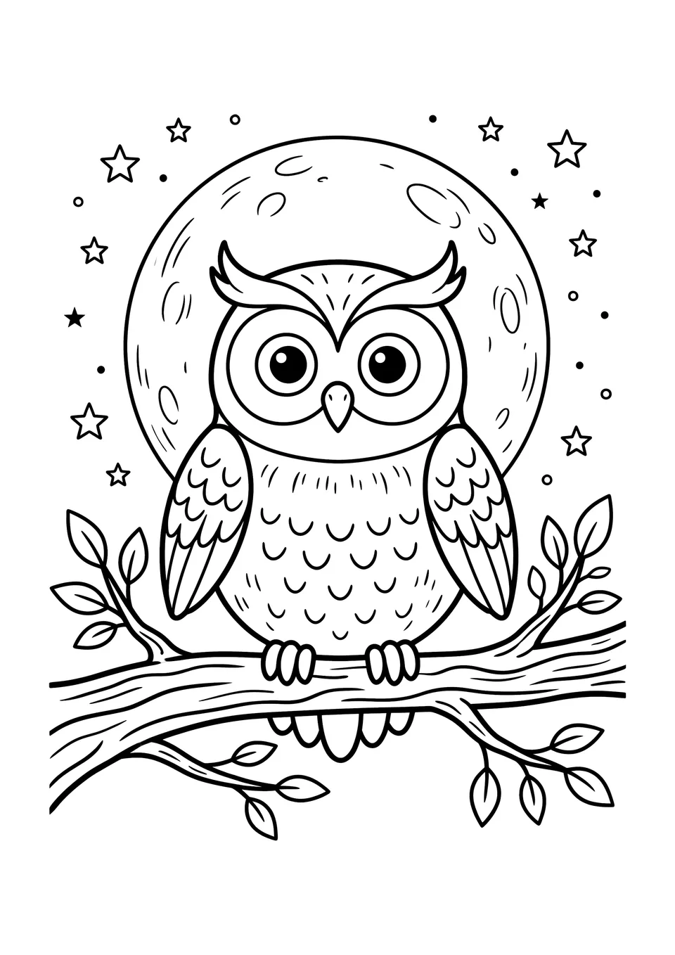 Uma ilustração em preto e branco de uma coruja empoleirada em um galho com uma grande lua e estrelas ao fundo, feita para colorir.