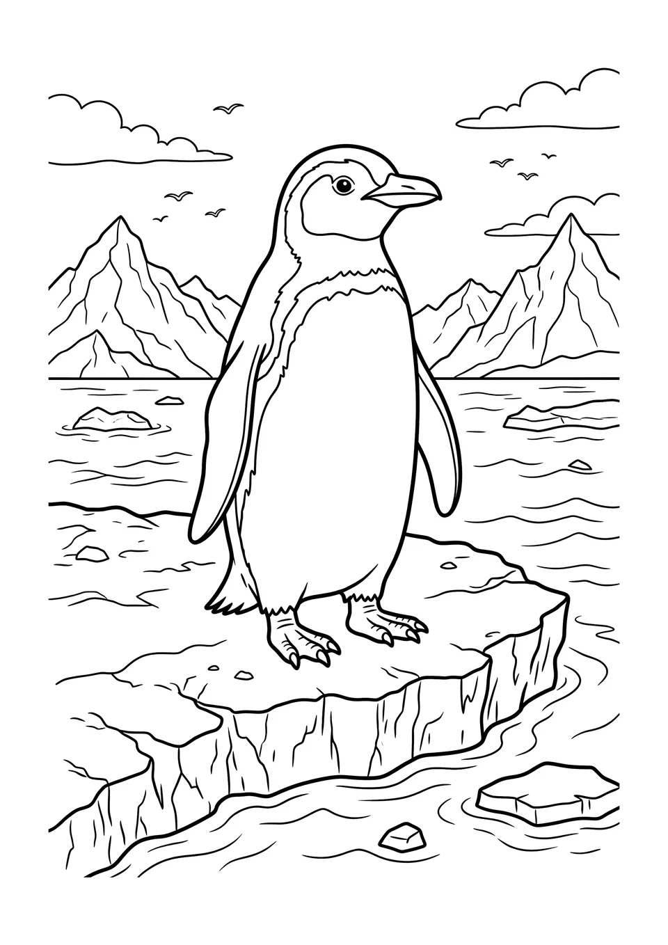 Ilustração em preto e branco de um pinguim em pé sobre um bloco de gelo, pronto para colorir.