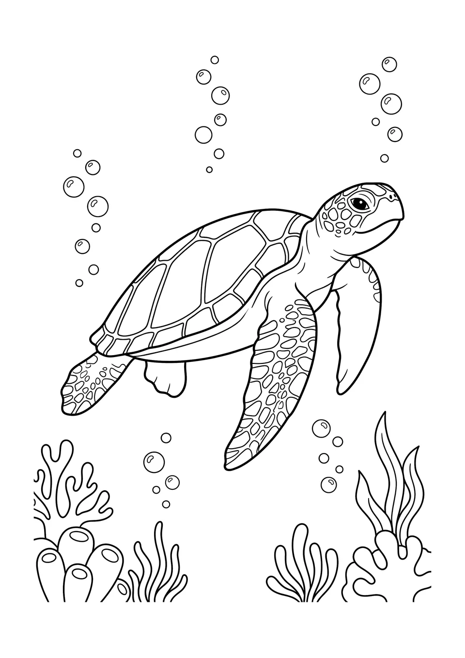 A black and white line art coloring page of a sea turtle swimming in the ocean with clear outlines and simple environmental details.