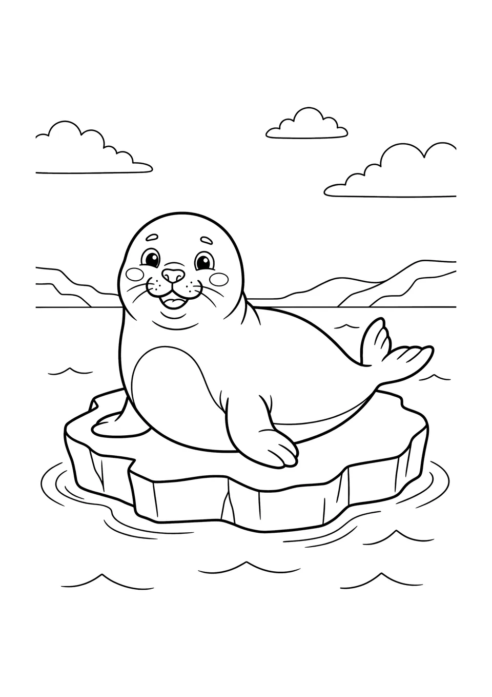 A simple black and white line art drawing of a seal resting on an ice floe, suitable for children to color.