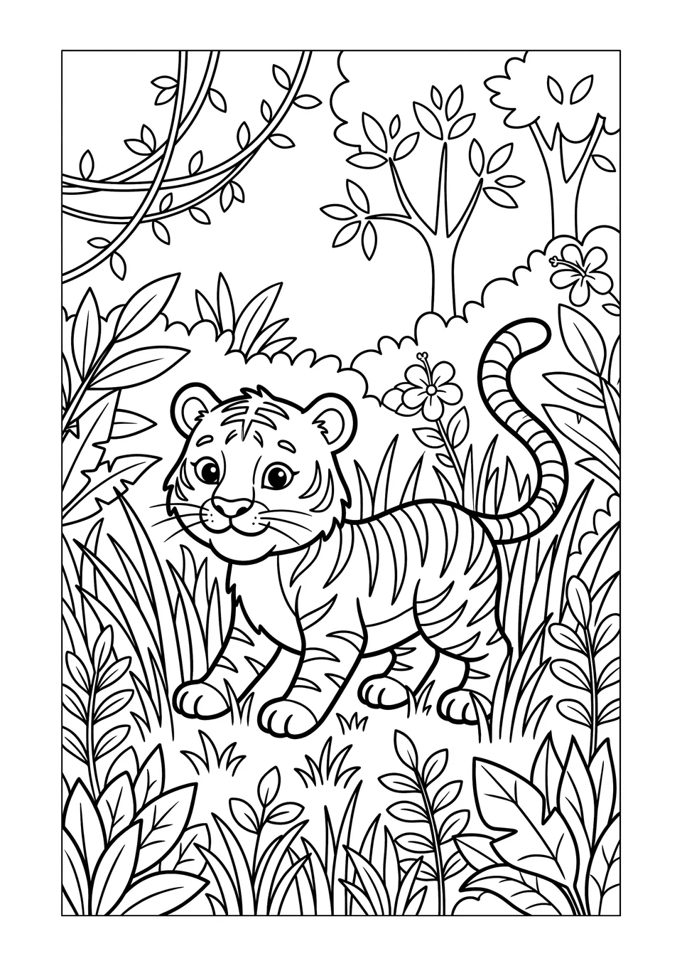 A simple black and white line art illustration of a young tiger crouching in the grass of a jungle, ready for coloring.