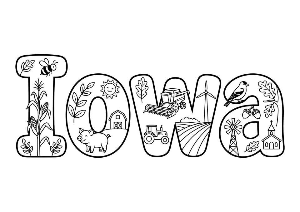 Desenho para colorir em preto e branco com a palavra Iowa escrita em letras grandes e arredondadas, preenchidas com elementos do estado como milho, tratores, porcos e moinhos de vento.