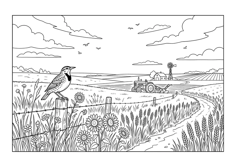 Black and white printable coloring page depicting a Kansas tallgrass prairie landscape with sunflowers, wheat stalks, and a meadowlark.