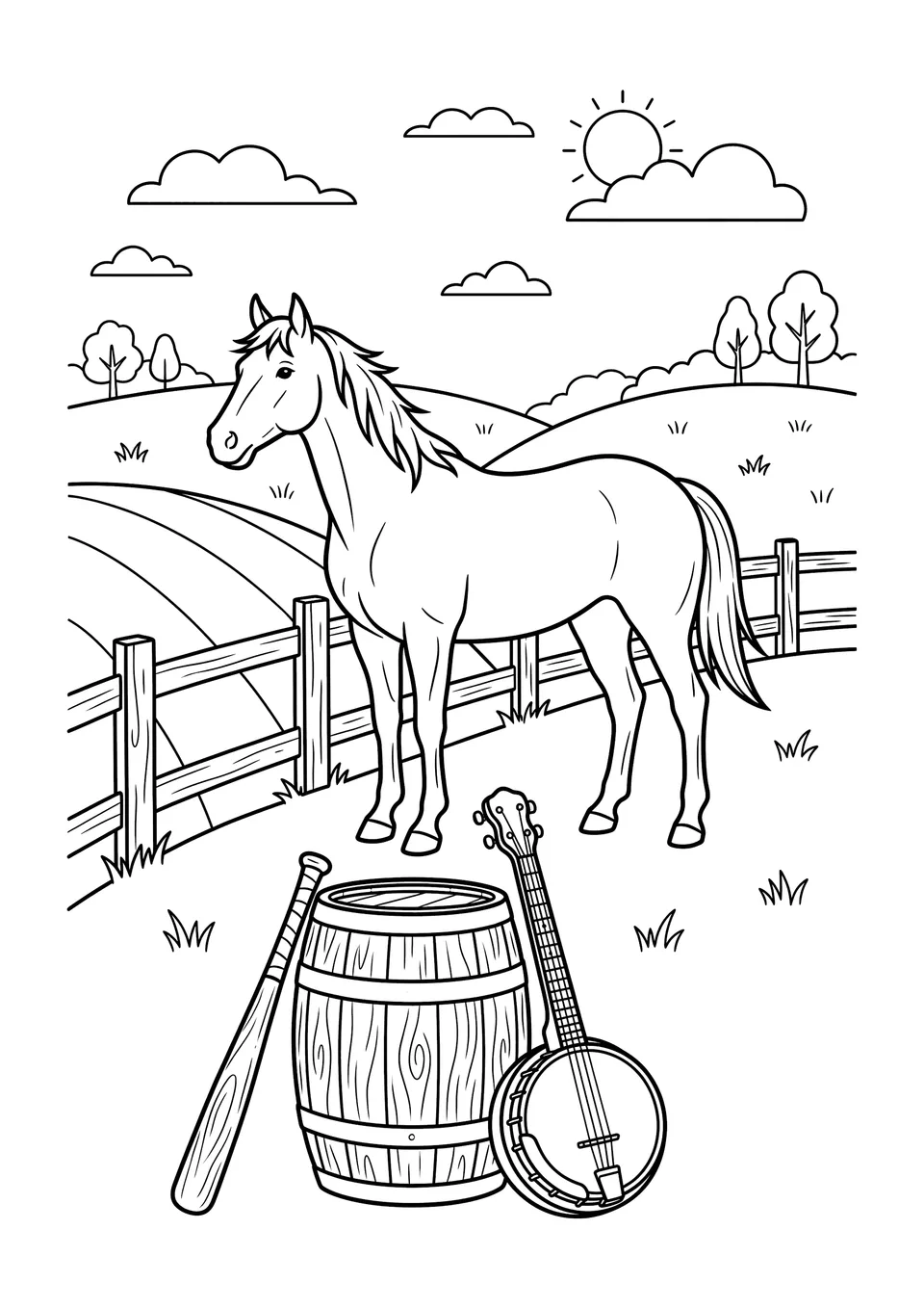 Desenho para colorir em arte linear em preto e branco com um cavalo em uma fazenda do Kentucky, acompanhado de um banjo e um taco de beisebol.