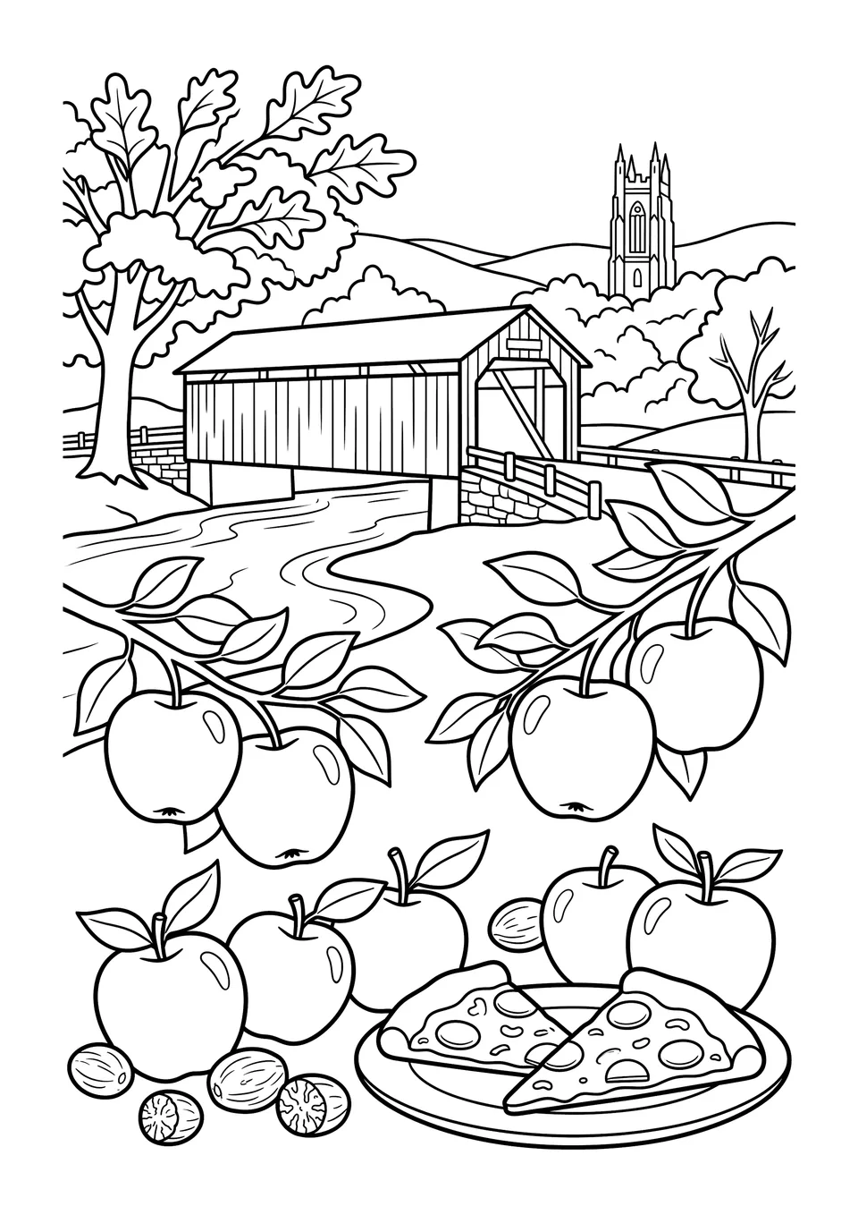 Desenho para colorir e imprimir em preto e branco mostrando uma paisagem de outono em Connecticut com uma ponte coberta, rio e macieiras.