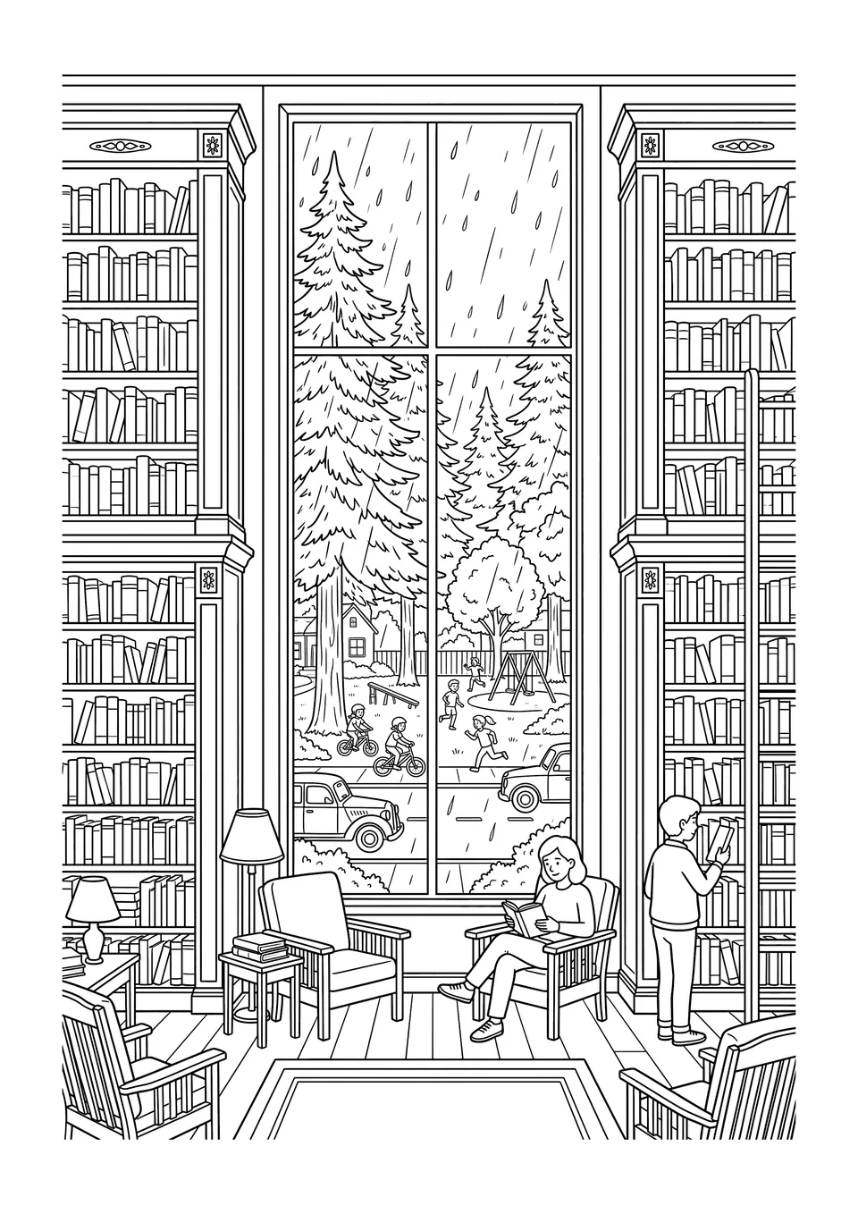 Desenho em preto e branco para colorir mostrando uma biblioteca aconchegante em Portland, Oregon, com livros e uma rua arborizada visível pela janela.