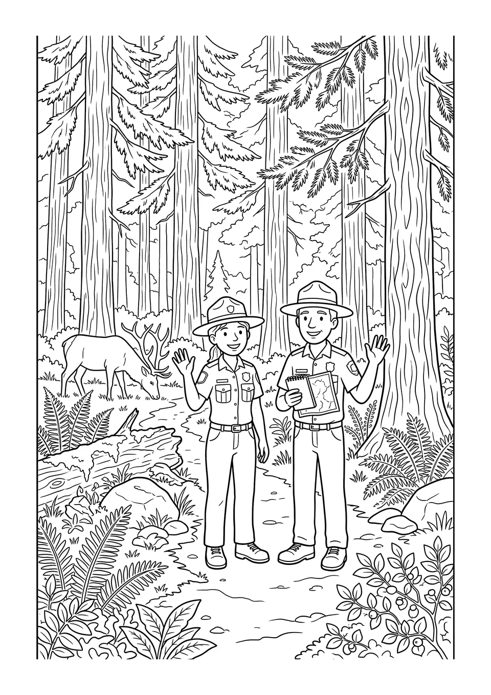 Desenho em traços preto e branco de dois guardas-florestais entre abetos-de-douglas gigantes e animais silvestres em um parque estadual no Noroeste do Pacífico.