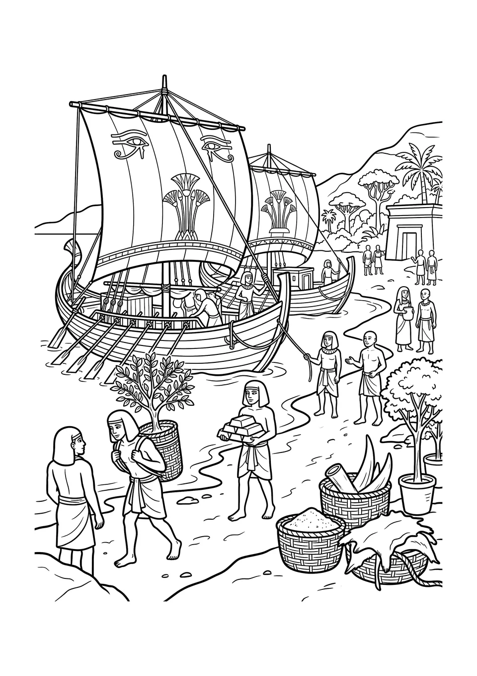 Desenho para colorir em preto e branco mostrando navios e marinheiros do Antigo Egito carregando árvores de mirra e mercadorias durante a expedição de Hatshepsut à Terra de Punt.