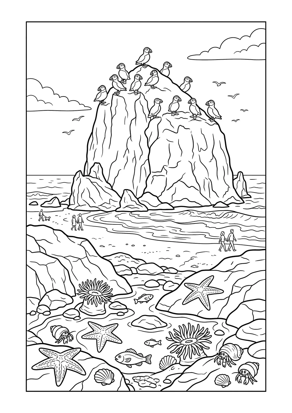 Desenho para colorir imprimível em preto e branco mostrando a Haystack Rock, poças de maré com estrelas-do-mar e papagaios-do-mar-de-penacho.