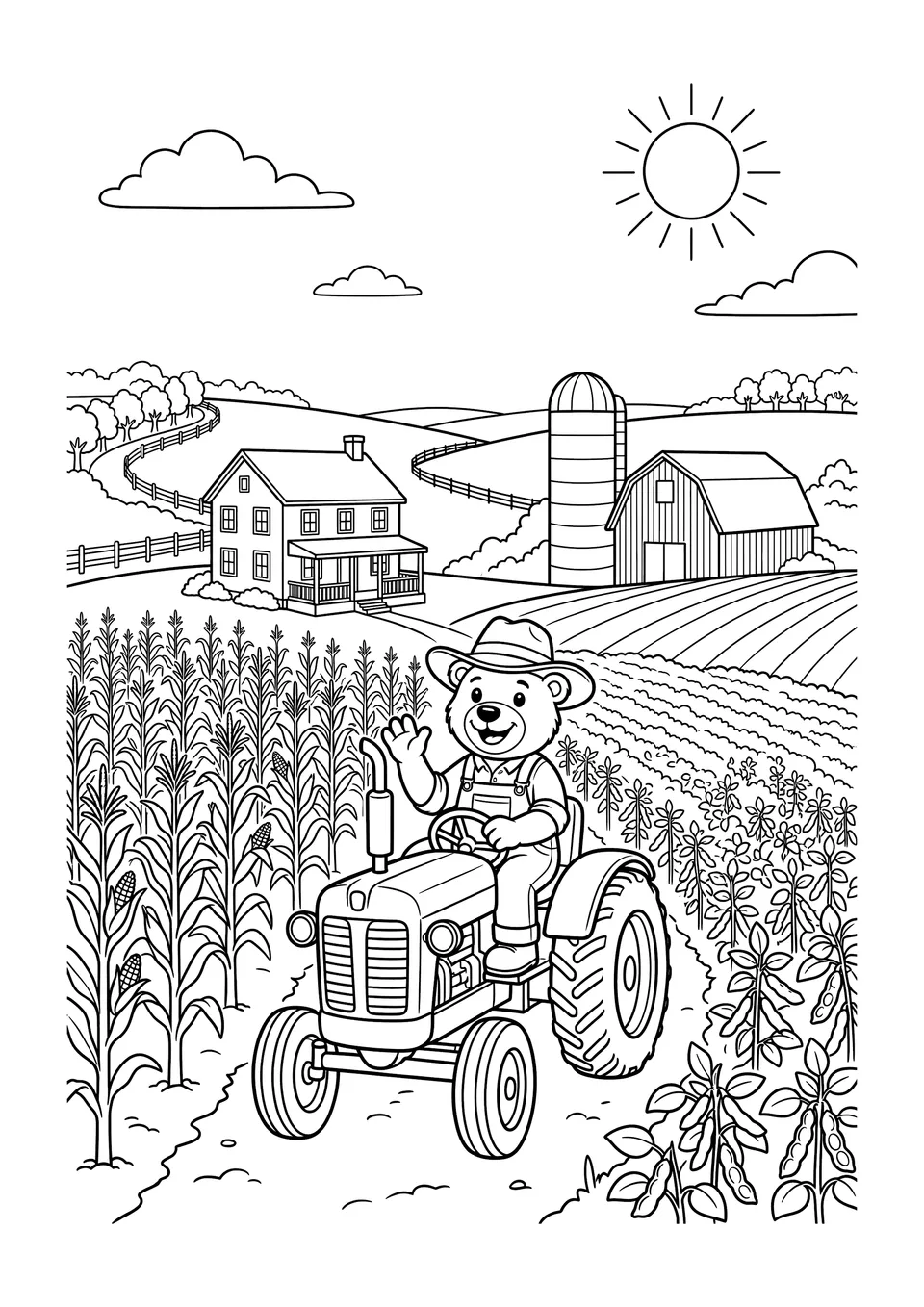 Black and white line art coloring page depicting a farmer driving a tractor through an Illinois cornfield with a barn in the background.