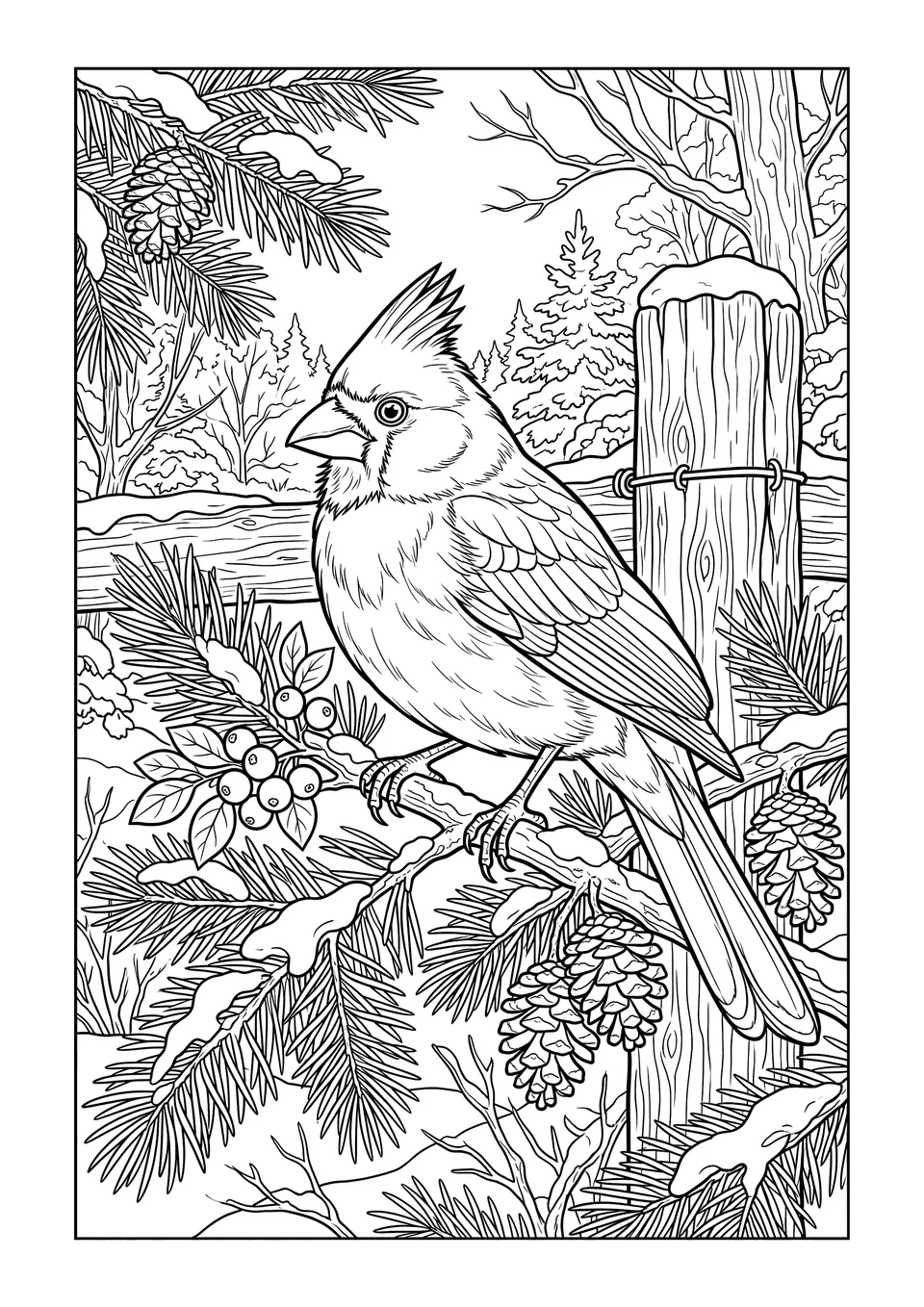 Desenho para colorir com traços em preto e branco de um cardeal-do-norte empoleirado em um galho de inverno com frutas silvestres e pinhas.