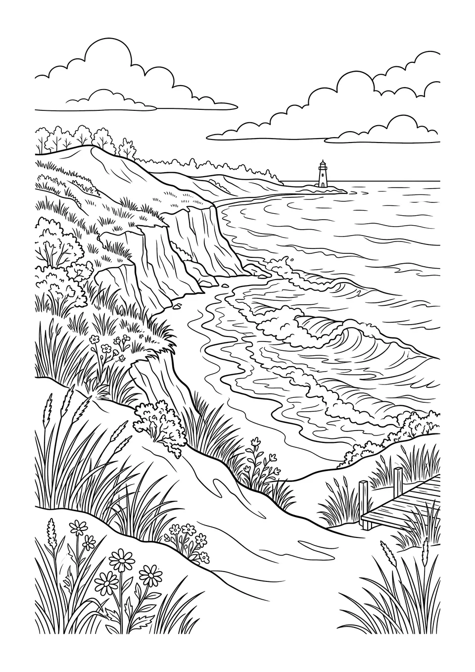 Uma ilustração em preto e branco para colorir mostrando dunas de areia, falésias costeiras, ondas e a vegetação nativa da orla do Lago Michigan.