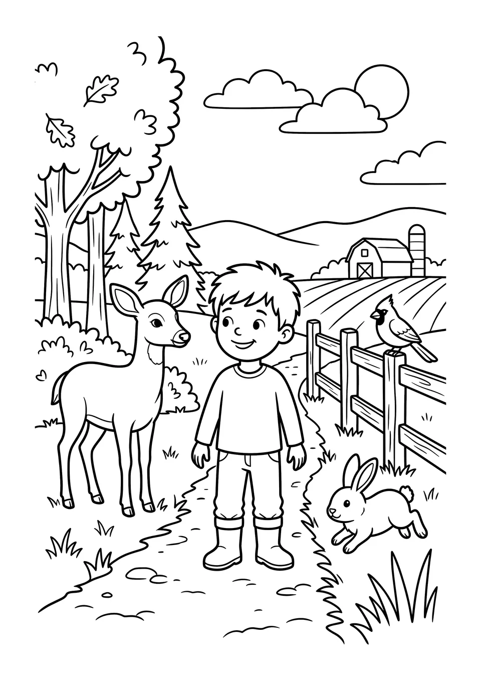 Desenho para colorir em preto e branco mostrando Leo em uma fazenda em Iowa com um cervo, um coelho e um cardeal em uma cerca de madeira.