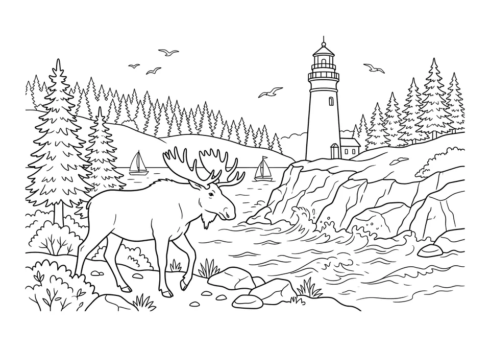 Desenho para colorir em preto e branco com um farol na costa do Maine, pinheiros e um alce.