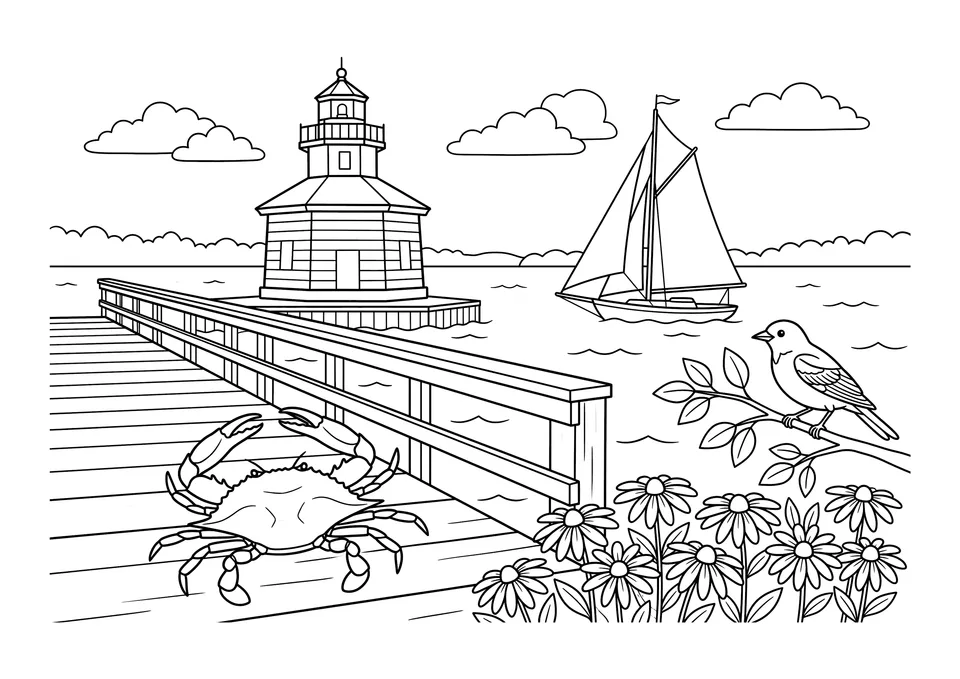 Desenho em preto e branco para colorir com paisagem litorânea de Maryland, mostrando um siri-azul, veleiro e farol.