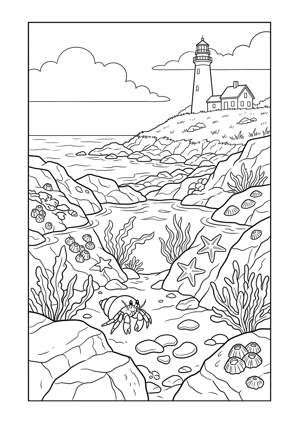 Desenho para colorir em preto e branco mostrando uma poça de maré nas rochas de Massachusetts com estrelas-do-mar, um caranguejo-eremita e um farol ao longe.