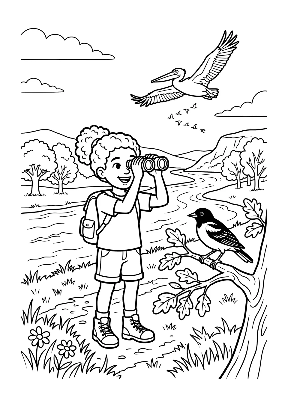 Black and white line art coloring page of a child watching migratory birds along a river with binoculars.