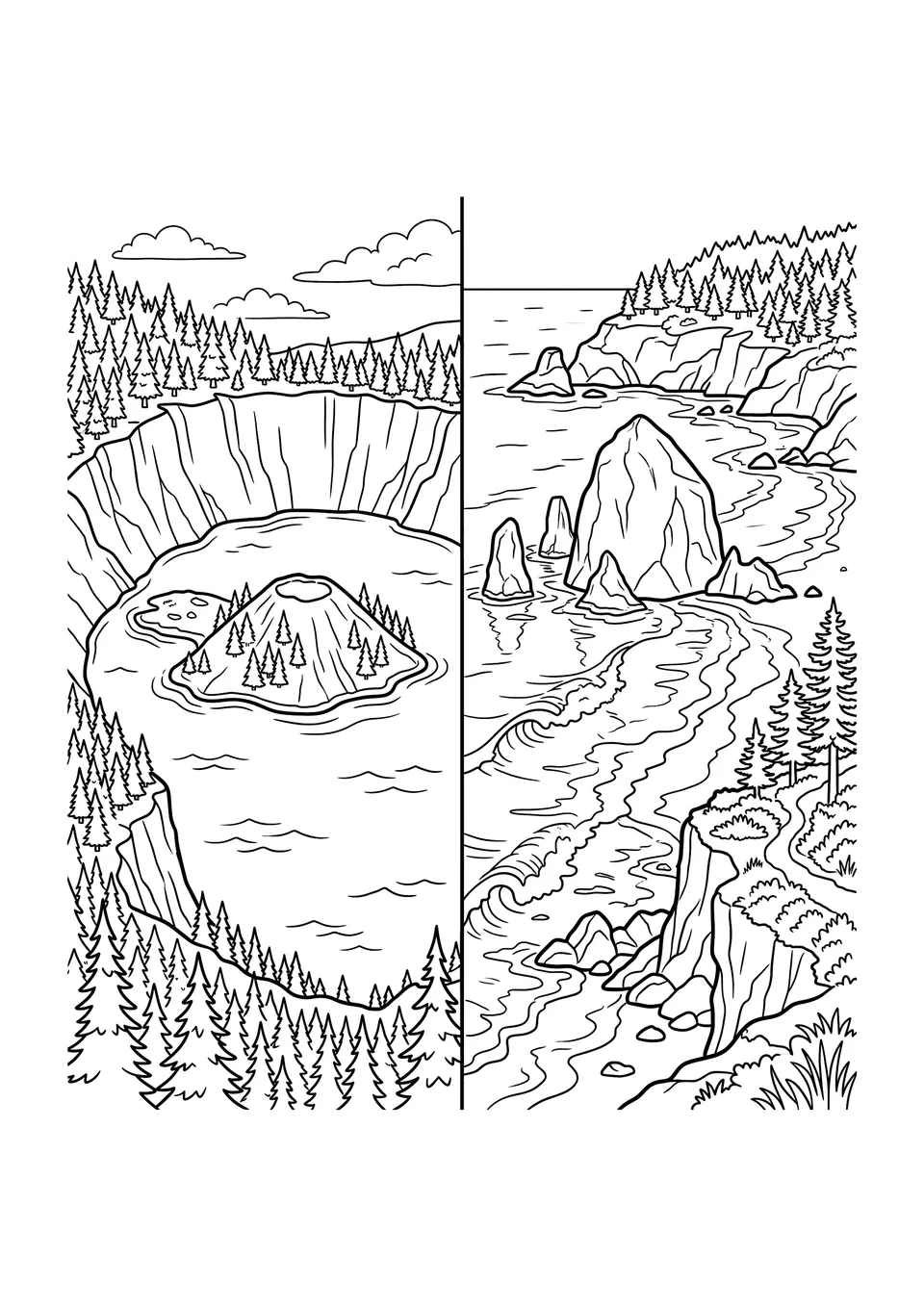 Desenho para colorir em preto e branco comparando o Crater Lake com a Wizard Island e a Costa do Oregon com a Haystack Rock.