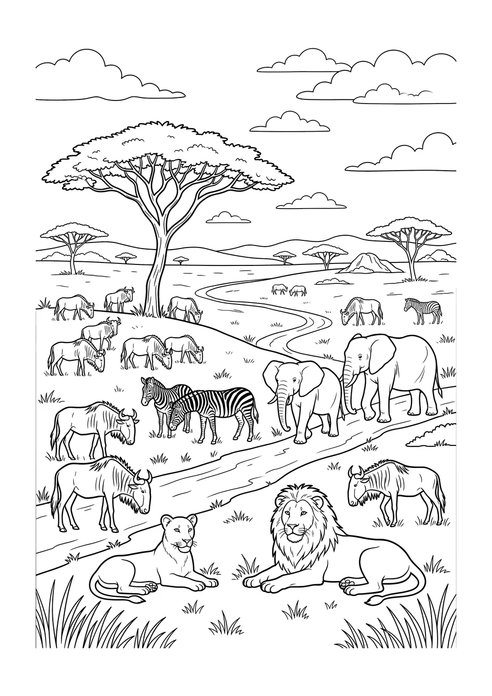 Ilustração em preto e branco da vida selvagem do Serengeti, com elefantes, zebras e leões em uma paisagem de savana africana.
