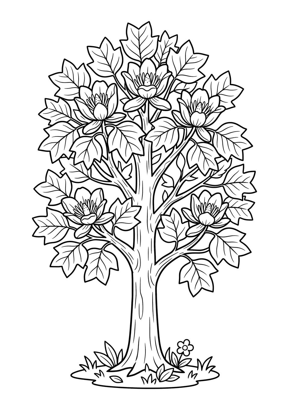 Desenho em preto e branco de um tulipeiro alto com flores em formato de xícara para as crianças colorirem.