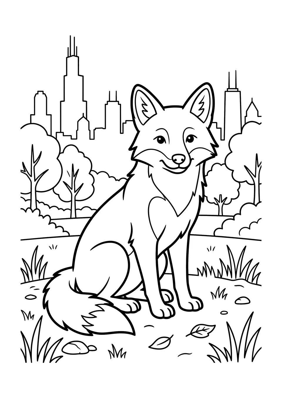 Desenho em preto e branco para colorir de um coiote urbano fofo sentado em um parque de Chicago, com prédios da cidade ao fundo.