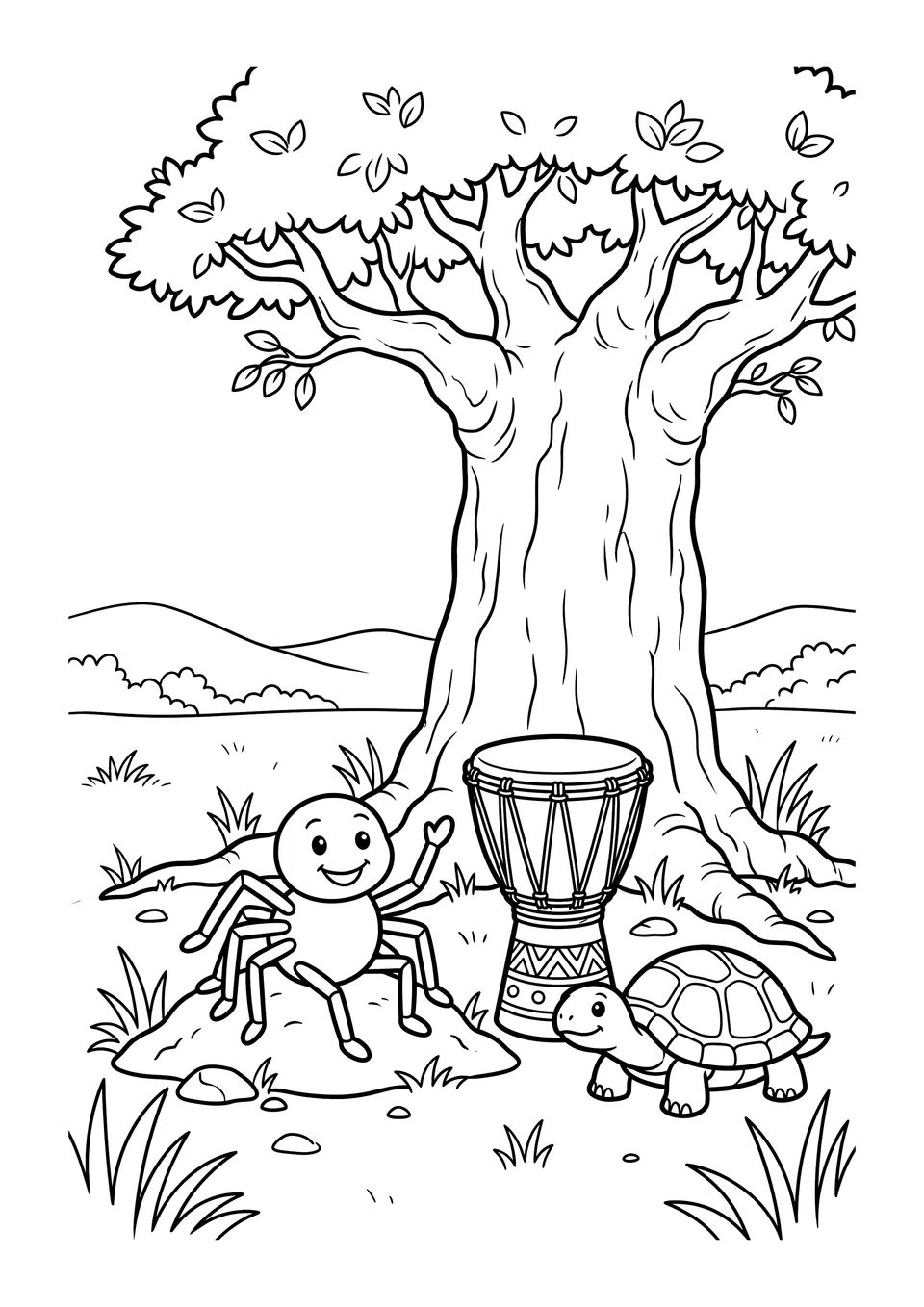 Black and white line art featuring a friendly spider and turtle next to a West African drum under a baobab tree.