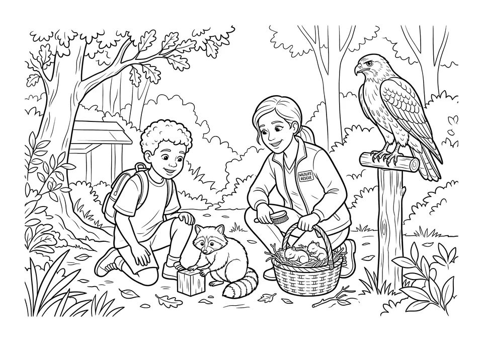 Desenho em preto e branco para colorir mostrando um menino e uma veterinária cuidando de animais em um santuário de vida silvestre.