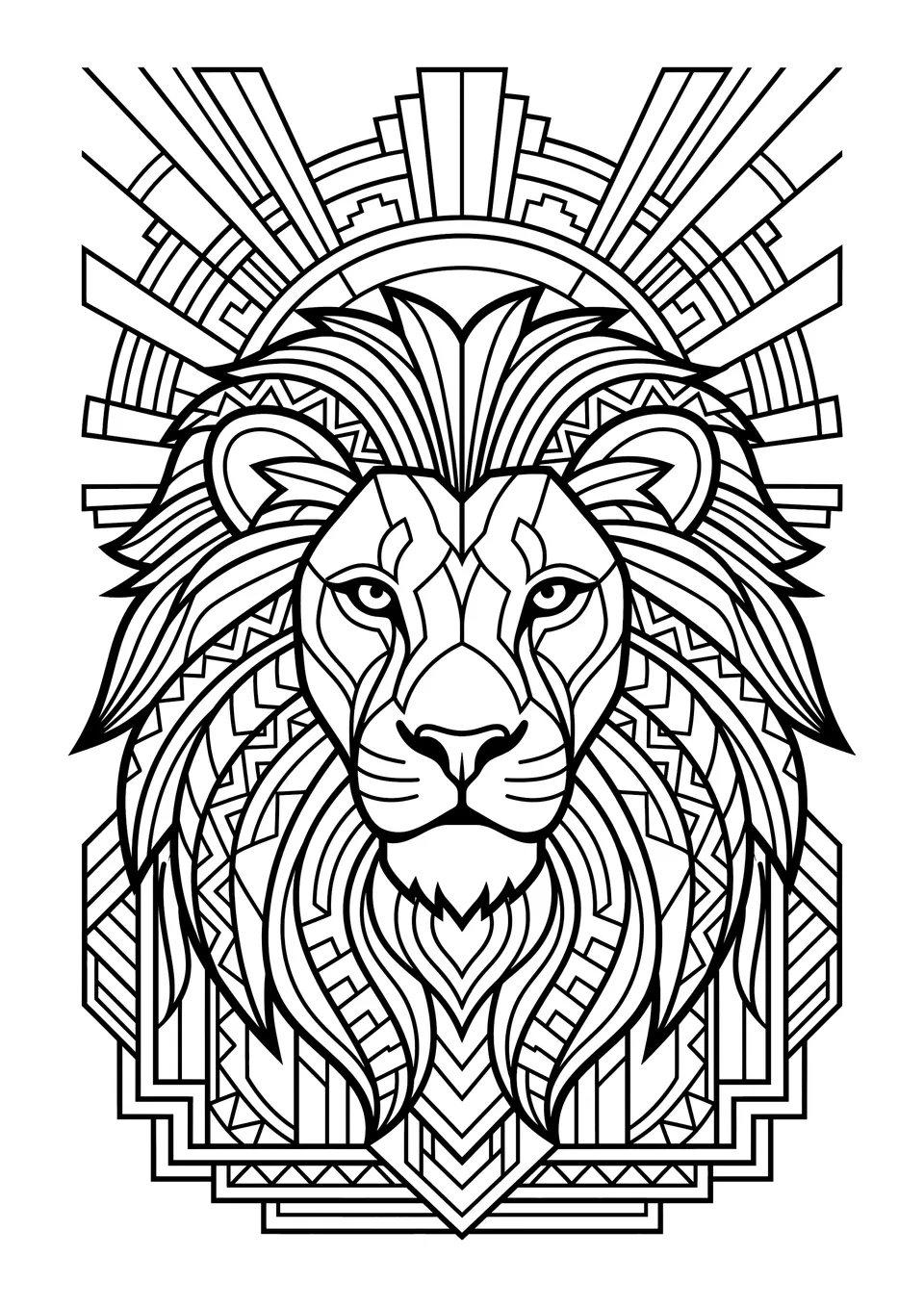 A black-and-white line art coloring page of a symmetrical lion in a geometric Art Deco style, perfect for printing and coloring.