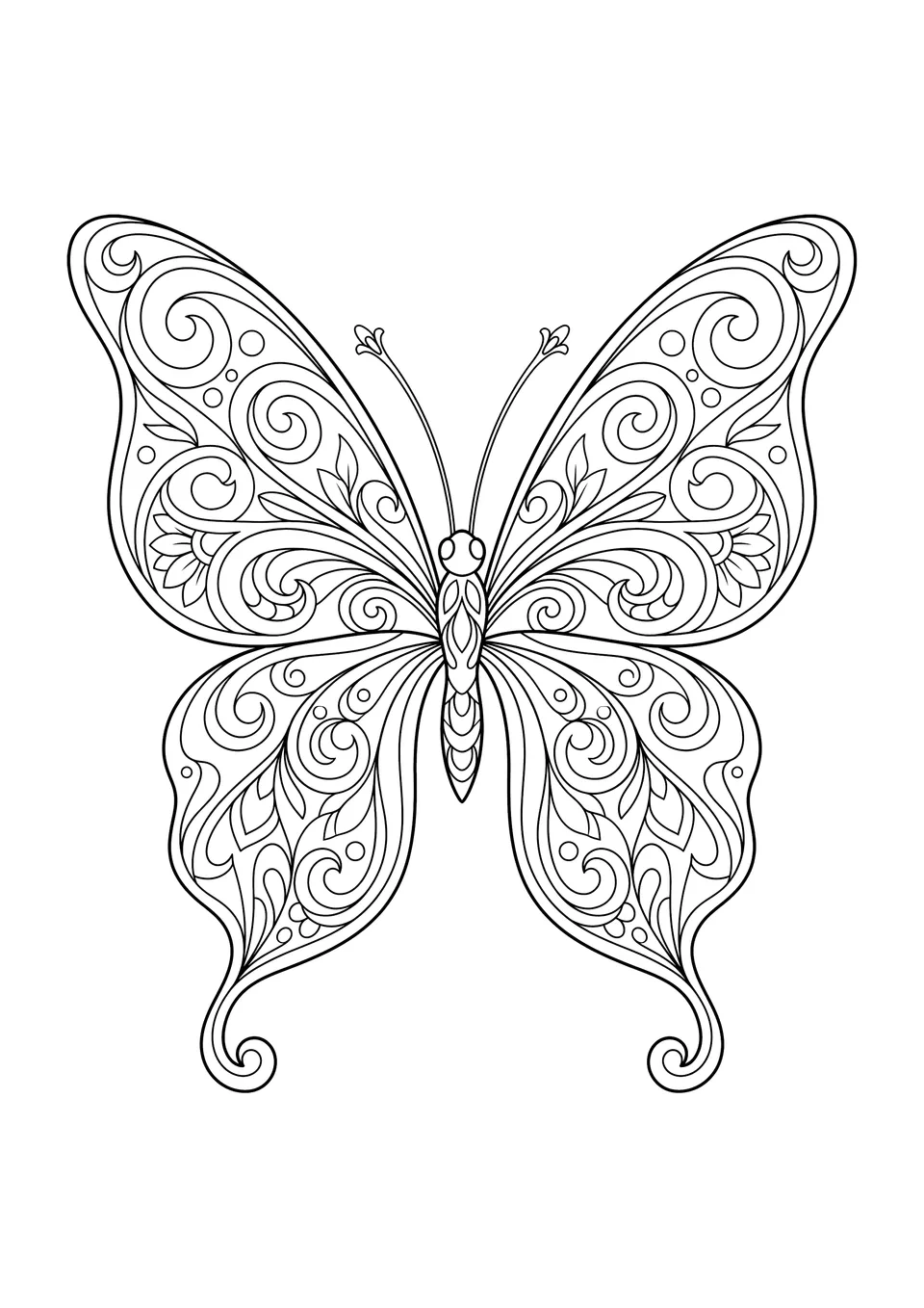 Uma bela borboleta desenhada no estilo elegante e sinuoso da Art Nouveau com contornos pretos nítidos para colorir.