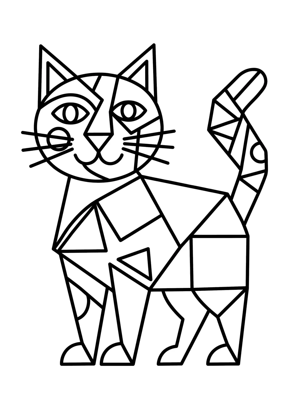 Desenho para colorir de gato no estilo cubista para imprimir, mostrando um gato simpático feito de formas geométricas com contornos pretos nítidos.