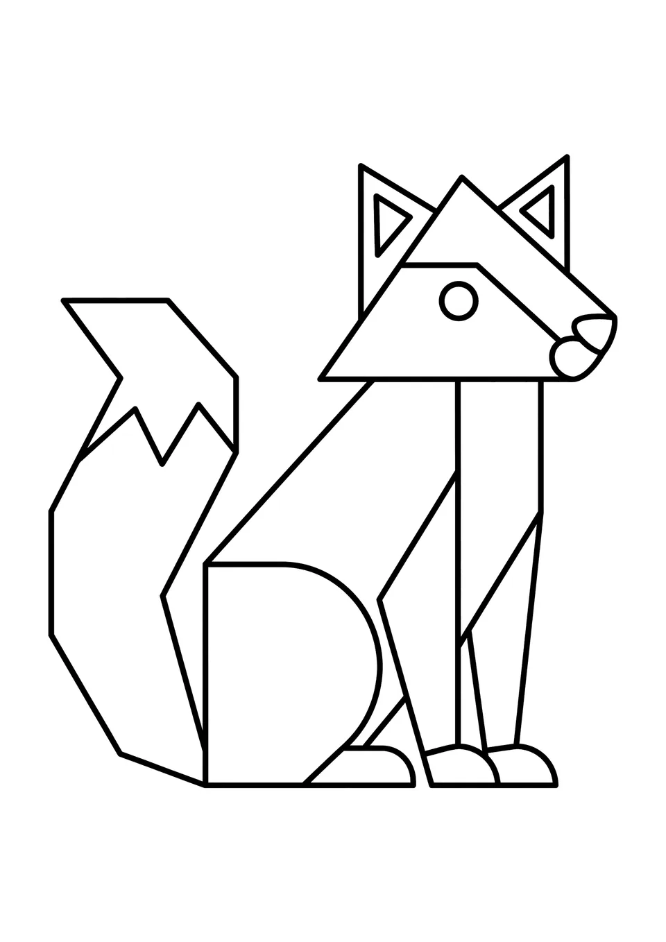 Minimalist geometric fox coloring page with clean outlines and basic shapes for kids.