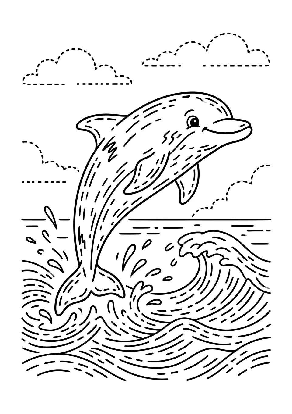 Desenho para colorir em preto e branco de um golfinho saltando de ondas estilizadas, desenhado em estilo artístico impressionista com contornos nítidos para pintar.
