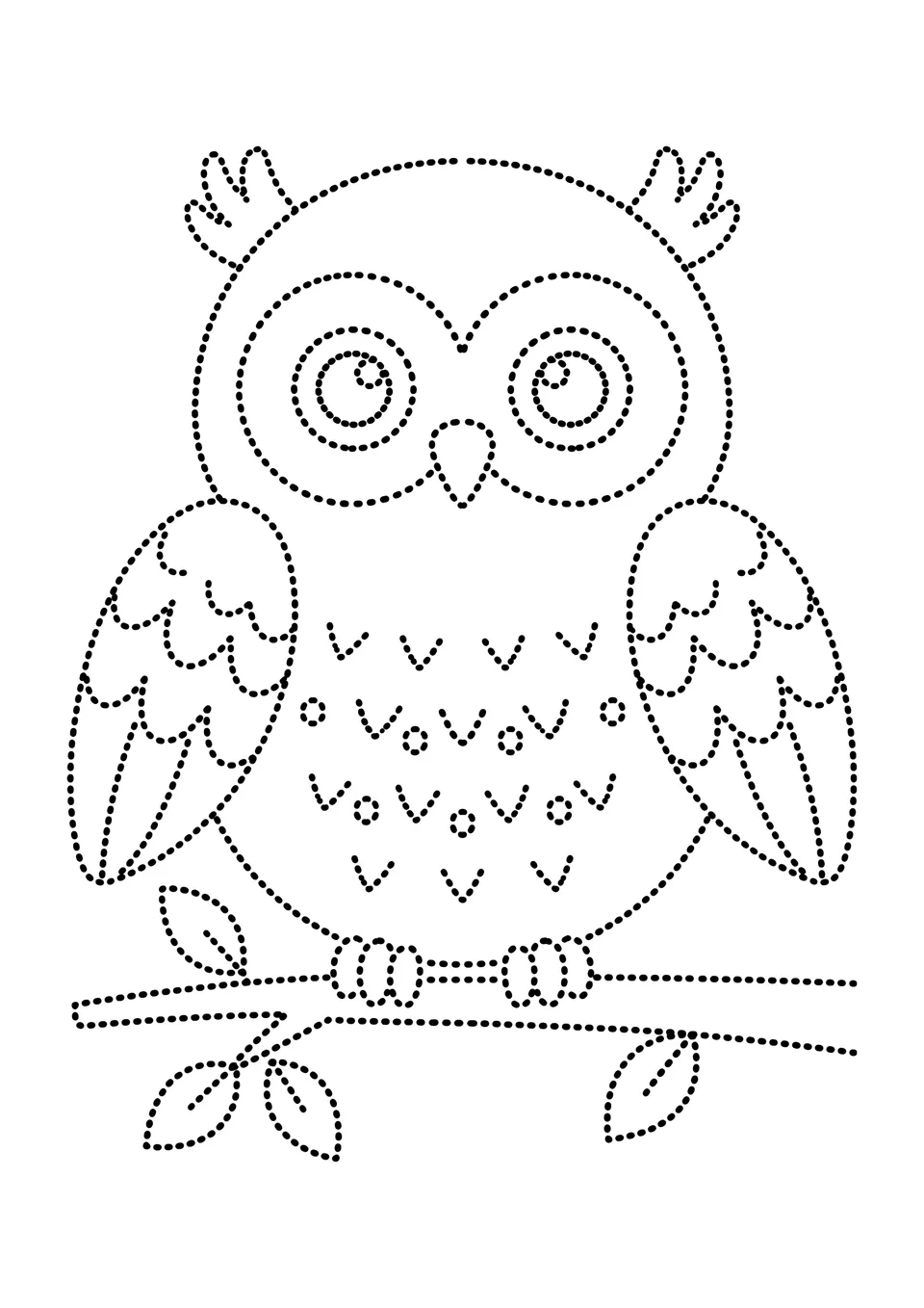 A printable black and white coloring page featuring a cute owl designed with Pointillism dots, perfect for kids.