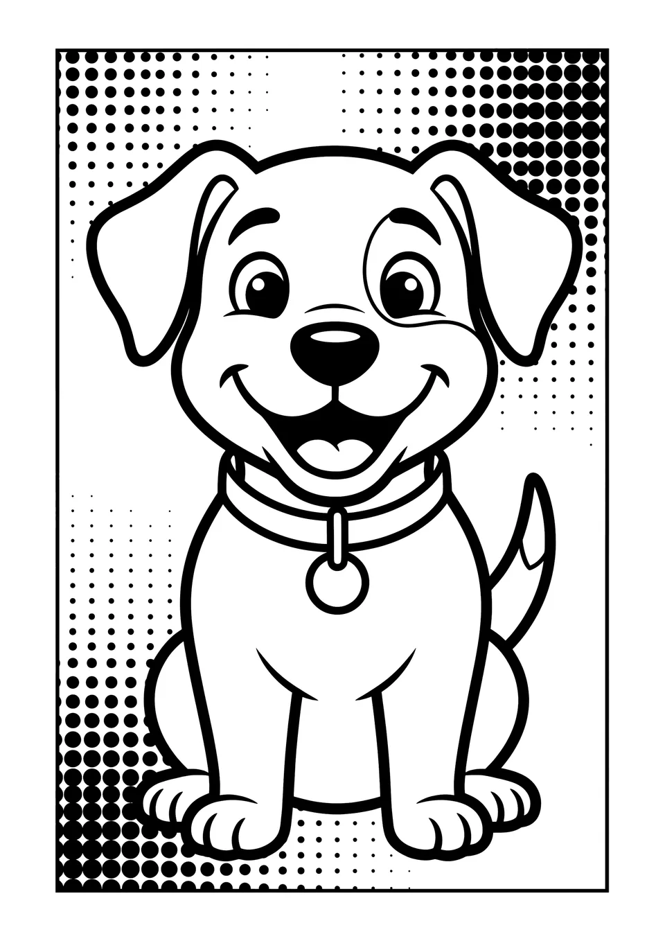 A black and white printable coloring page of a dog drawn in a bold Pop Art style with thick lines and simple patterns, ready for kids to color.