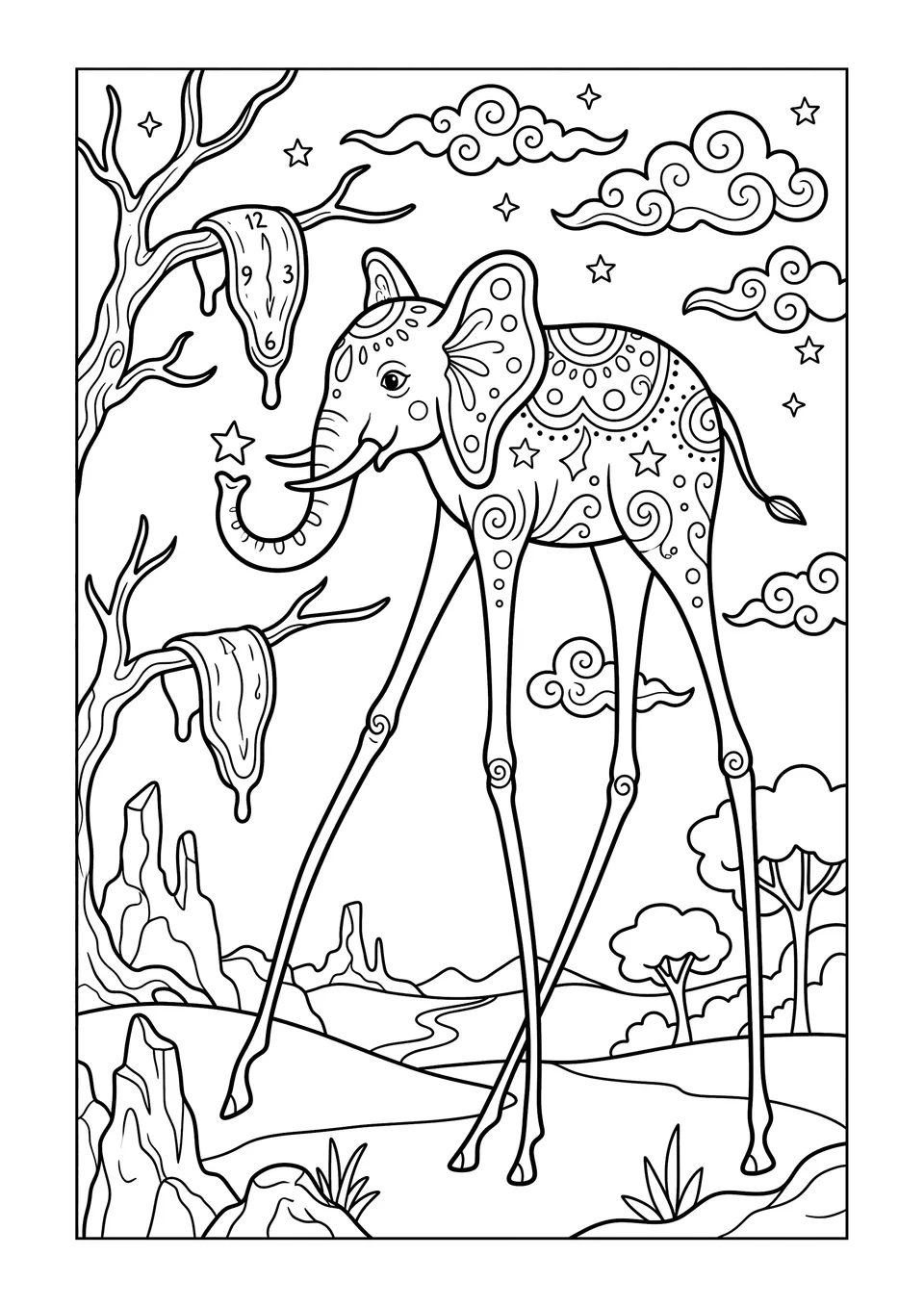 Desenho em preto e branco para imprimir e colorir mostrando um elefante surrealista com pernas alongadas em uma paisagem onírica com um relógio derretendo.