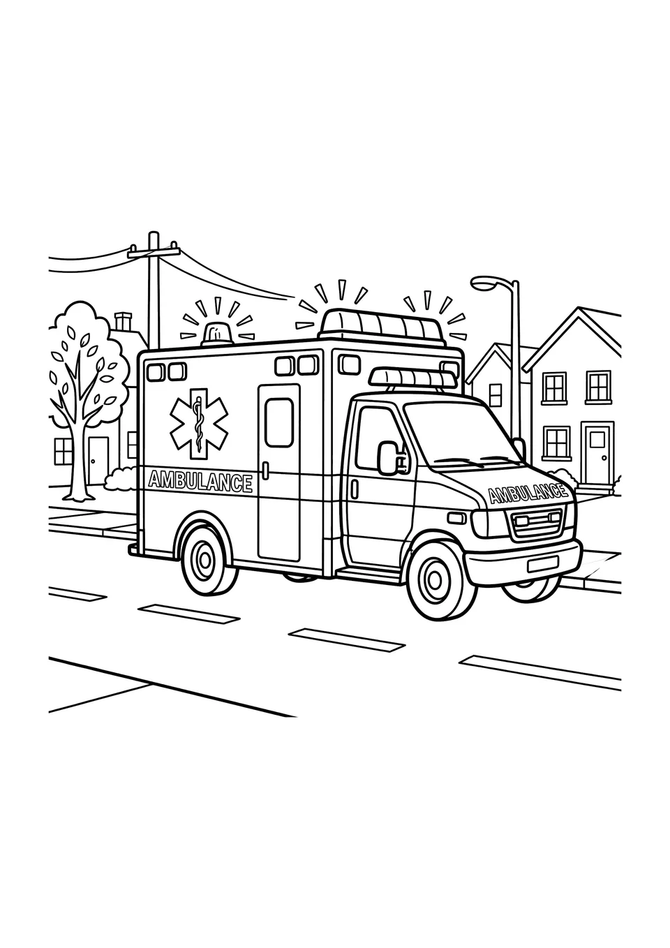 A black and white line art drawing of a modern ambulance with its siren lights, intended for children to color.