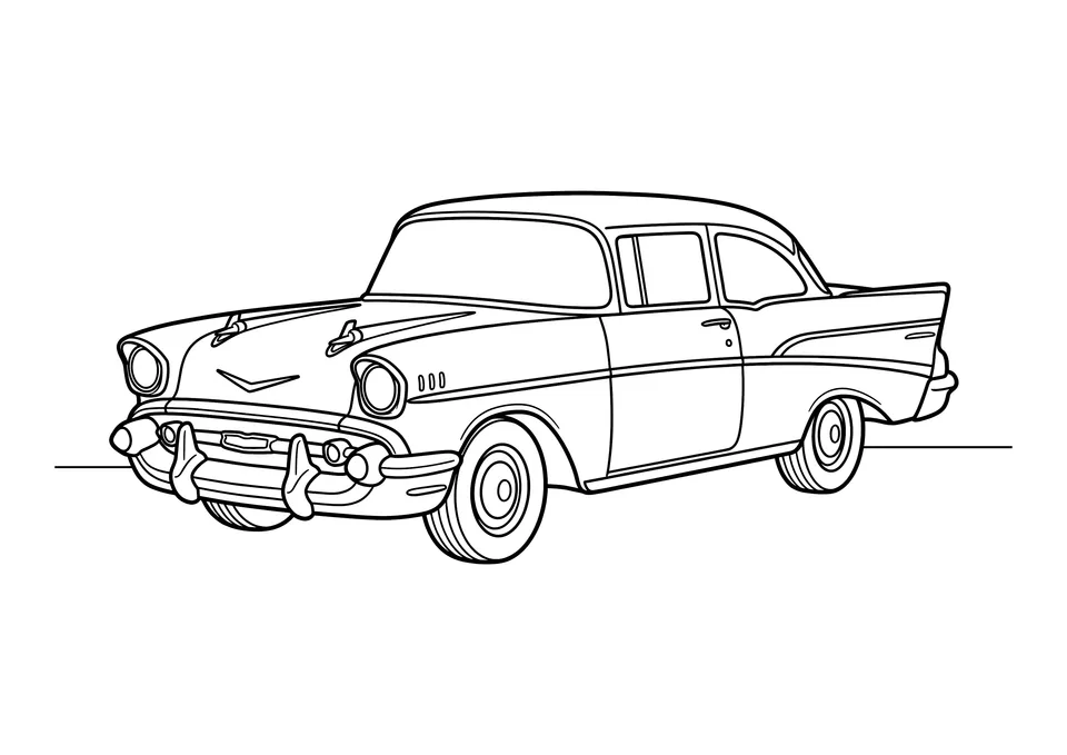 A printable black and white line art illustration of a vintage 1950s classic car with large tailfins, shown from a side-view landscape perspective.