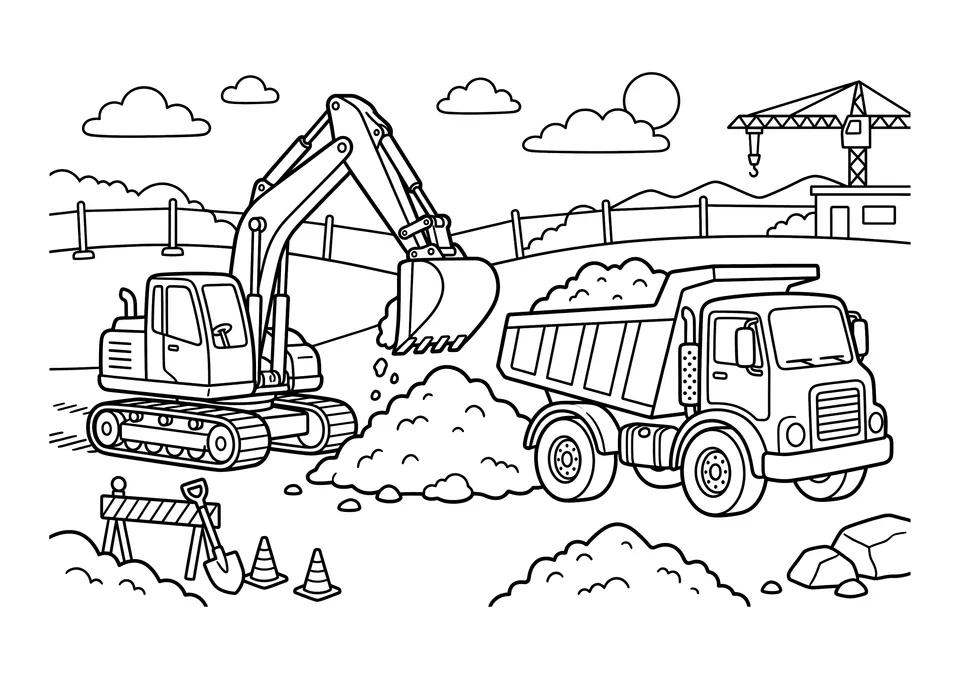 Desenho simples em preto e branco de um caminhão basculante e uma escavadeira em um canteiro de obras, feito para crianças colorirem.