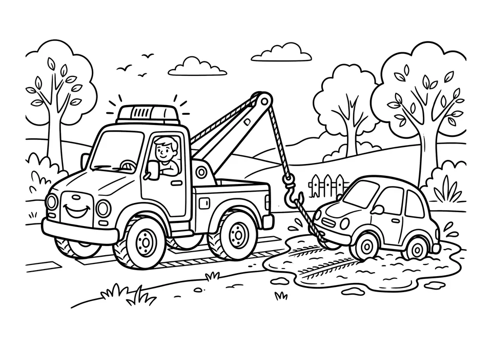 Um desenho simples em preto e branco de um guincho simpático usando um gancho para puxar um carrinho de uma poça de lama.
