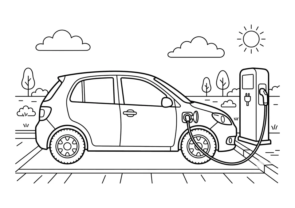 A simple black and white line art drawing of a modern electric vehicle connected to a charging port, ready for coloring.
