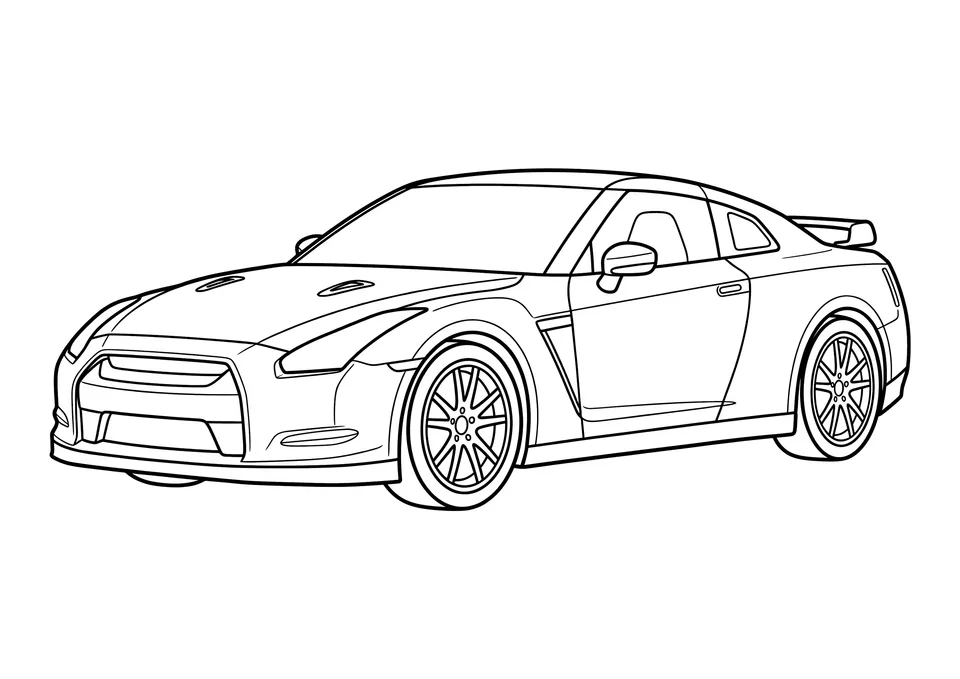 Desenho simples em preto e branco de um carro esportivo elegante em formato horizontal, perfeito para crianças colorirem.
